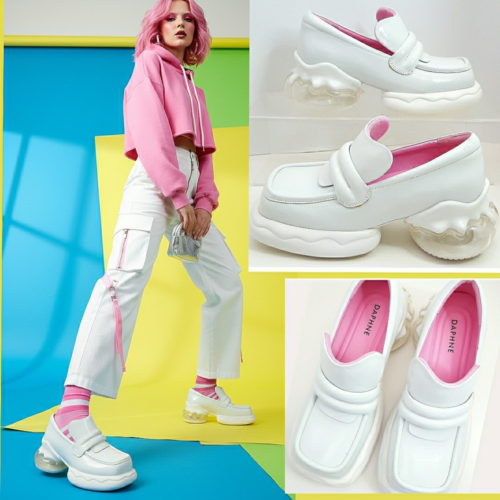 Daphne💗White Pink Chunky Heel Platform Loafers